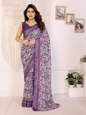 Divastri Digital Print, Floral Print Daily Wear Georgette, Satin Saree(Purple)