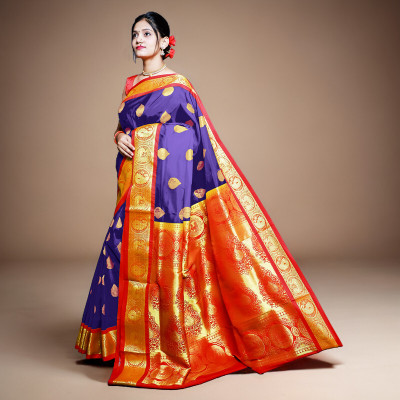 Spewim Woven Paithani Silk Blend Saree(Dark Blue)