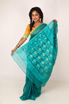 GOURISAREE Self Design Jamdani Cotton Blend Saree(Green)