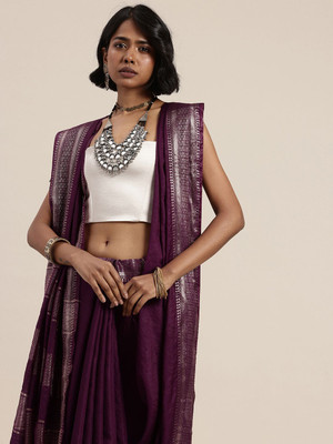 Taavi Self Design Handloom Silk Blend Saree(Purple)