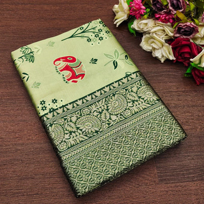 Anjaneya Sarees Woven Banarasi Silk Blend Saree(Green)