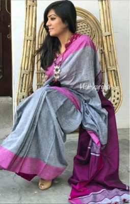 Abharani Saree Kuthir Woven Handloom Cotton Blend Saree(Grey)