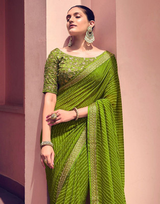 Satrani Printed, Embroidered, Embellished Bandhani Georgette, Chiffon Saree(Green, Gold)