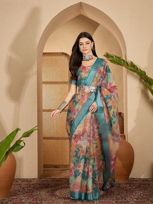 Bhavya Fashion Floral Print, Printed, Self Design Bollywood Cotton Linen Saree(Multicolor)