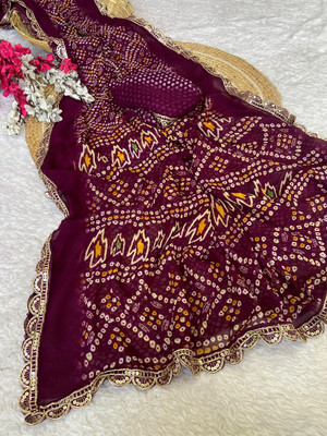 Yogik Creation Printed Bandhani Silk Blend Saree(Maroon)