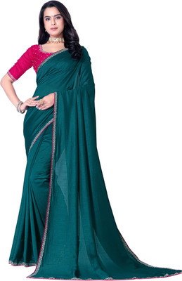 radhe creation Solid/Plain Bollywood Silk Blend Saree(Green)