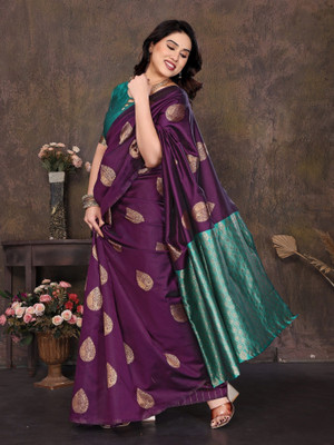 RAJESHWAR FASHION Woven Banarasi Jacquard Saree(Purple, Light Green)