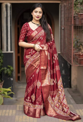 Magneitta Printed Bollywood Dupion Silk, Cotton Silk Saree(Maroon)