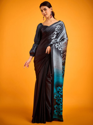 Sareemall Printed Hand Batik Satin Saree(Black)