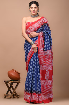 NUR Printed, Blocked Printed Daily Wear Pure Cotton Saree(Multicolor)