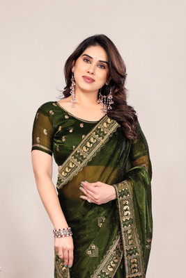 KHRITI FAB Embroidered Bollywood Jimmy choo Saree(Green)