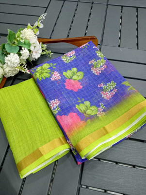Saaransh Floral Print Kanjivaram Linen, Cotton Silk Saree(Blue)