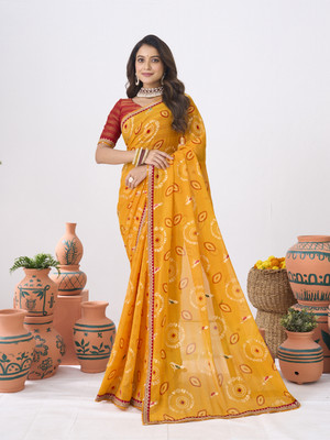 Laxmipati sarees Printed Saree with Attached Blouse Georgette Saree(Mustard)