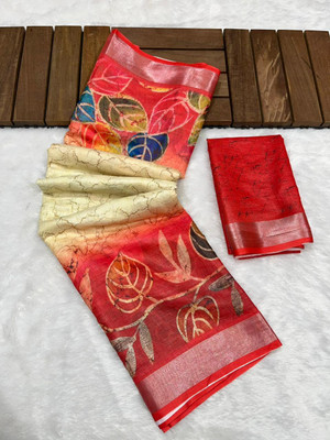 FULIYA SILK Printed, Graphic Print, Floral Print, Blocked Printed, Digital Print Hand Batik Linen Saree(Multicolor)