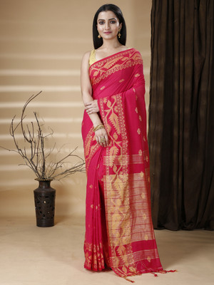 DipDiya Self Design Handloom Pure Cotton Saree(Red, Gold)