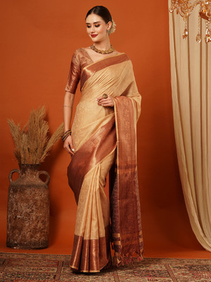 HouseOfCommon Embellished, Woven Mysore Cotton Silk, Jacquard Saree(Beige, Maroon, Gold)