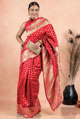 SUBHAM Woven, Embellished Kanjivaram Silk Blend Saree(Red, Gold)