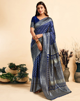 Samah Embellished, Woven, Self Design Banarasi Silk Blend, Jacquard Saree(Dark Blue, Gold)