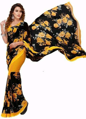 VISIONEMBRO Printed Bollywood Crepe Saree(Yellow, Black)
