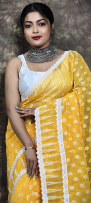 ahana taxtile Self Design Jamdani Cotton Silk Saree(Yellow)