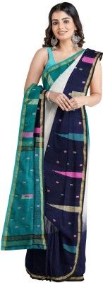 Oishani Saree Ghor Woven Ikkat Cotton Silk Saree(White, Dark Blue)