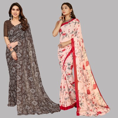 Anand Sarees Floral Print, Polka Print, Ombre, Printed Bollywood Georgette Saree(Pack of 2, Pink, Red, Brown)