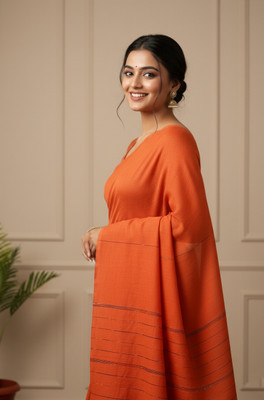 BongAp Self Design Handloom Cotton Blend Saree(Orange)