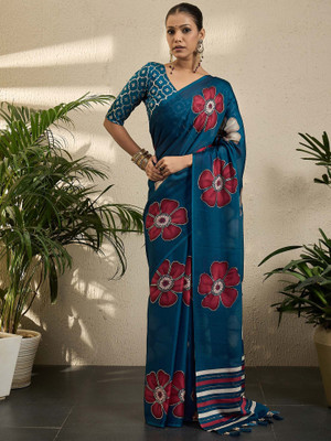 Divastri Floral Print Pochampally Georgette Saree(Blue)