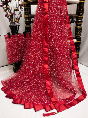 THREADNEST Printed Daily Wear Net Saree(Red)