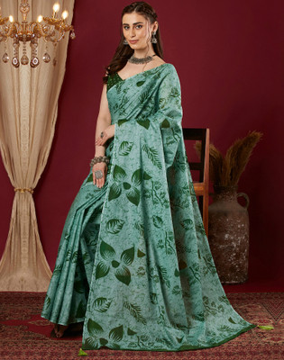 Divastri Floral Print, Printed, Embellished Daily Wear Cotton Blend Saree(Green)