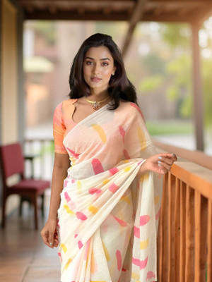 Myraani Floral Print Kantha Cotton Linen Saree(Multicolor)
