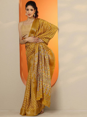 LIBAS Printed Leheria Silk Blend Saree(Mustard)