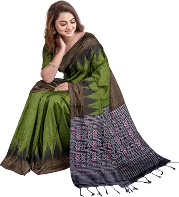 Bhadra Printed Sambalpuri Viscose Rayon Saree(Dark Green)