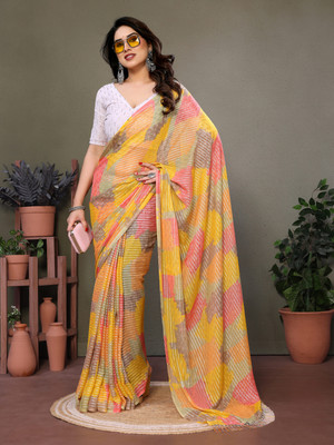 Divastri Printed Bollywood Georgette, Silk Blend Saree(Pack of 2, Mustard)
