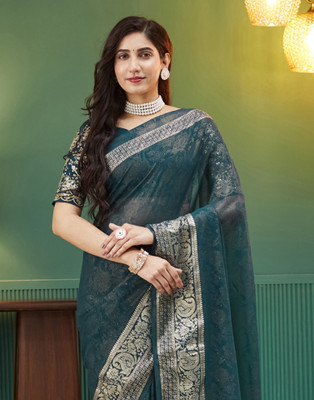 Samah Embellished, Printed Bollywood Georgette Saree(Green)