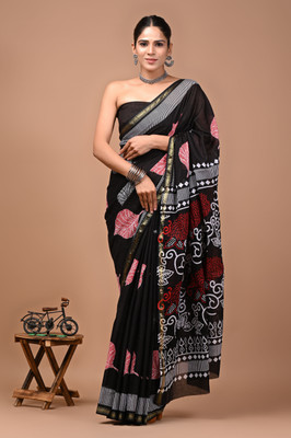 MANIHARI Printed, Blocked Printed, Floral Print, Hand Painted Daily Wear Pure Cotton Saree(Black)