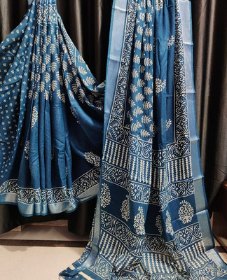 Suto Printed, Floral Print Bandhani Linen Saree(Blue)