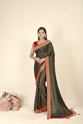 ASHA ENTERPRISE Floral Print Bollywood Silk Blend Saree(Black)
