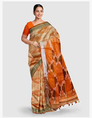 Manikant Handloom Printed Ikkat Cotton Blend Saree(Orange)
