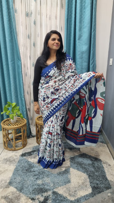 Vajaanth Printed Handloom Pure Cotton, Mulmul Saree(White, Blue)