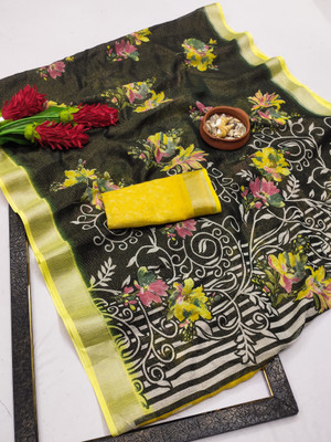 kashvi sarees Floral Print Bollywood Cotton Silk, Silk Blend Saree(Yellow, Dark Green)