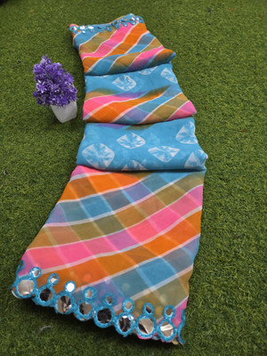 v.divyanshi & co. Striped, Printed Bandhani Georgette Saree(Light Blue)