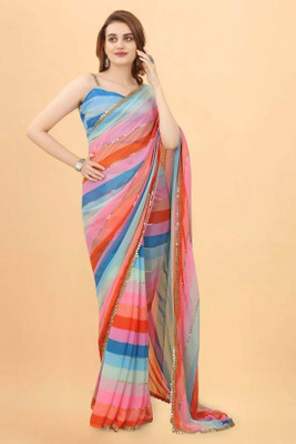 juicee Collection Color Block Leheria Georgette, Chiffon Saree(Multicolor)