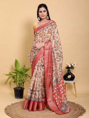 DHANLAXMISAREE Digital Print Kalamkari Linen Saree(Multicolor)
