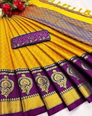 SSP TEX Woven Banarasi Cotton Silk, Silk Blend Saree(Yellow, Purple)