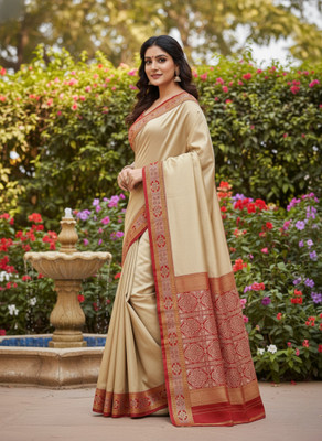NationalSaree Temple Border Sambalpuri Pure Silk Saree(Cream)