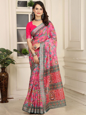 ANOUK Printed Saree with Attached Blouse Linen Saree(Pink)