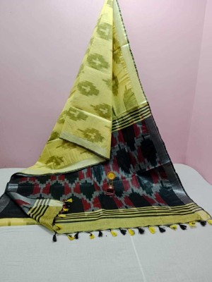 govind handloom Printed Bollywood Cotton Linen Saree(Black, Yellow)