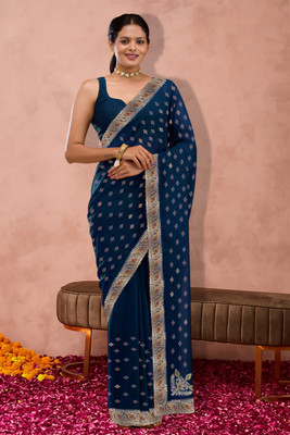 Bhojal Creation Embroidered Bollywood Georgette Saree(Dark Blue)