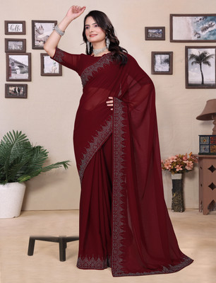 Divastri Embellished, Solid/Plain Bollywood Georgette Saree(Maroon)